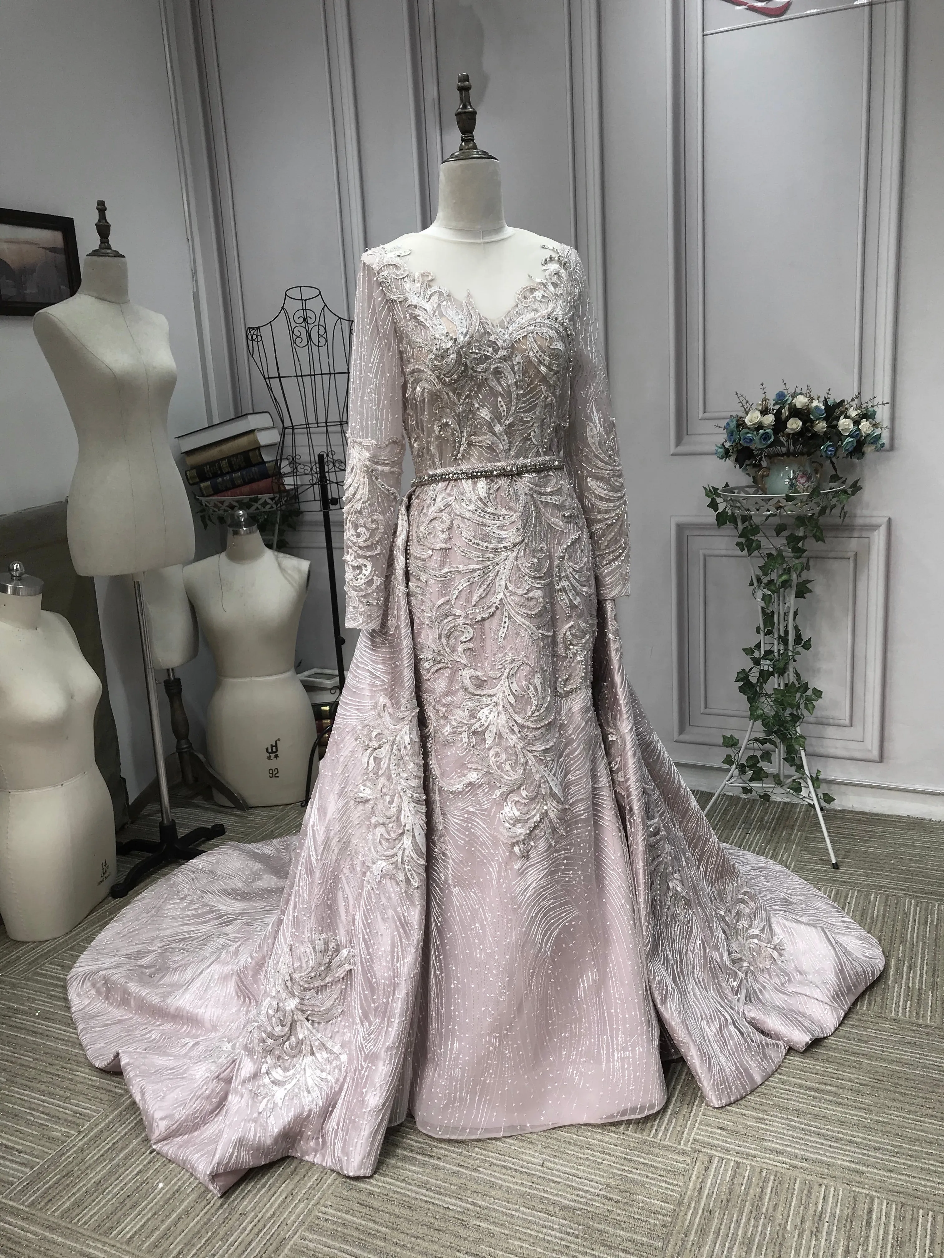 Luxurious crystals pearls rhinestones handmade beaded sparking long sleeves dusty pink dresses 2020