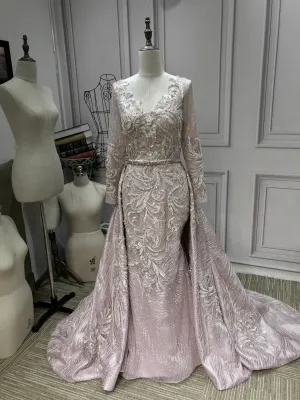 Luxurious crystals pearls rhinestones handmade beaded sparking long sleeves dusty pink dresses 2020