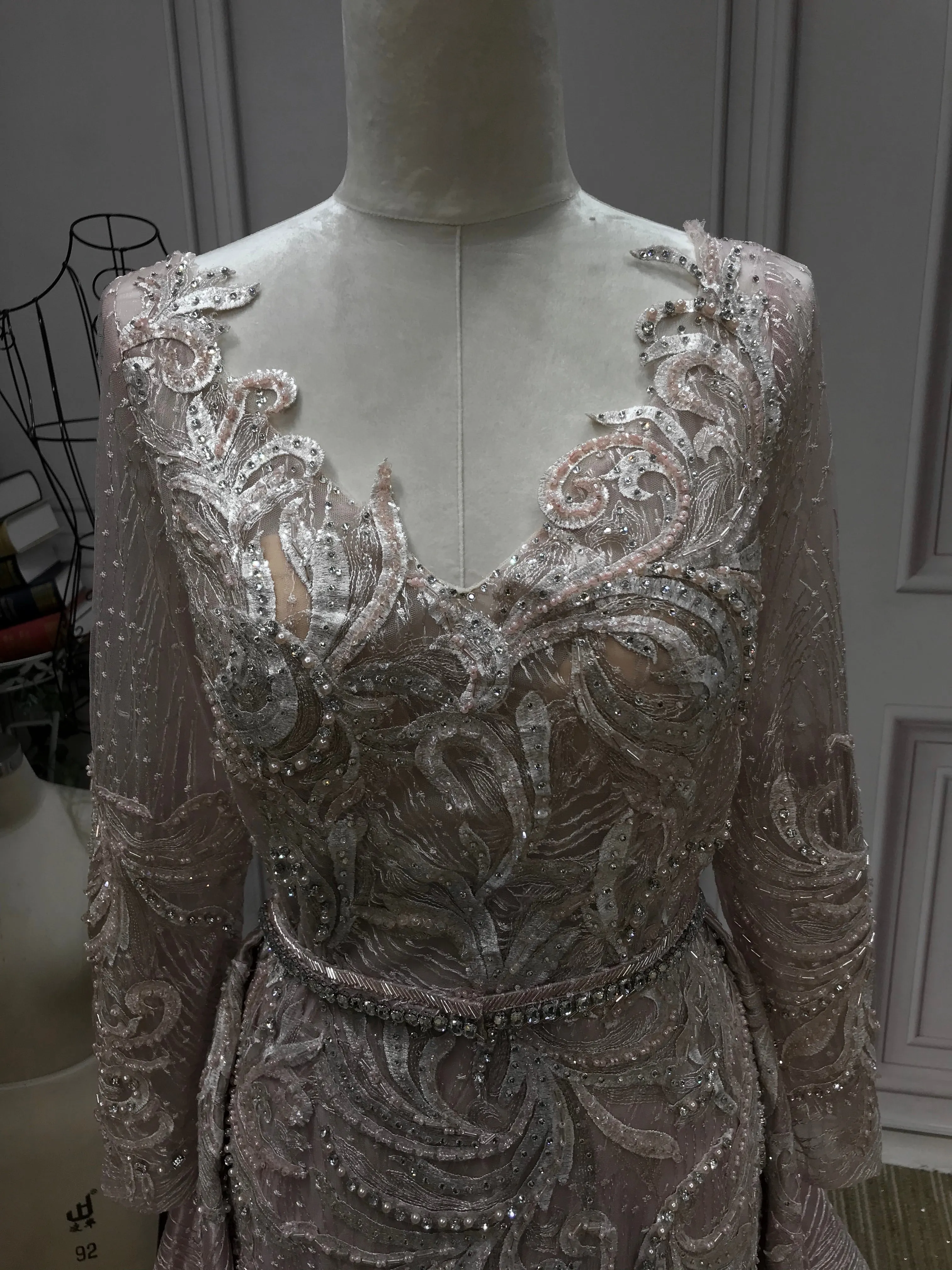Luxurious crystals pearls rhinestones handmade beaded sparking long sleeves dusty pink dresses 2020
