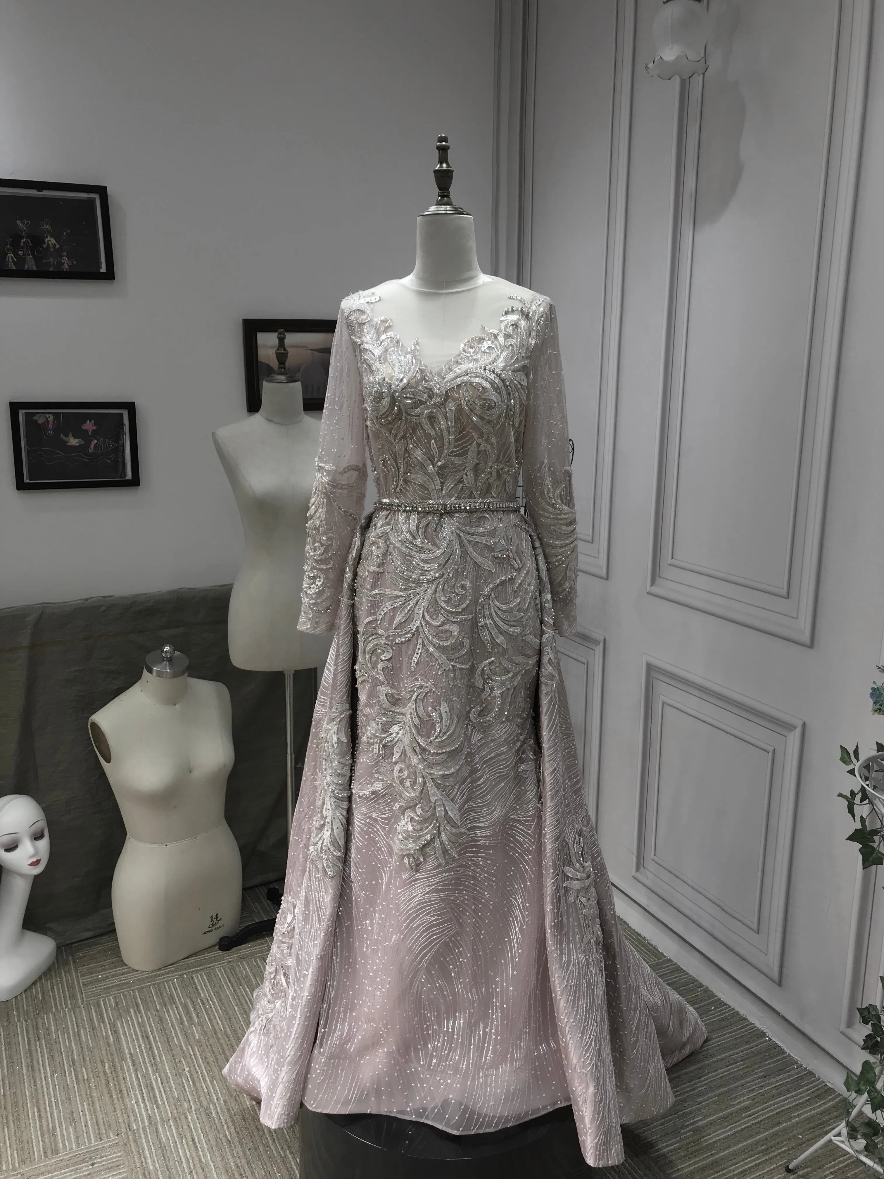 Luxurious crystals pearls rhinestones handmade beaded sparking long sleeves dusty pink dresses 2020