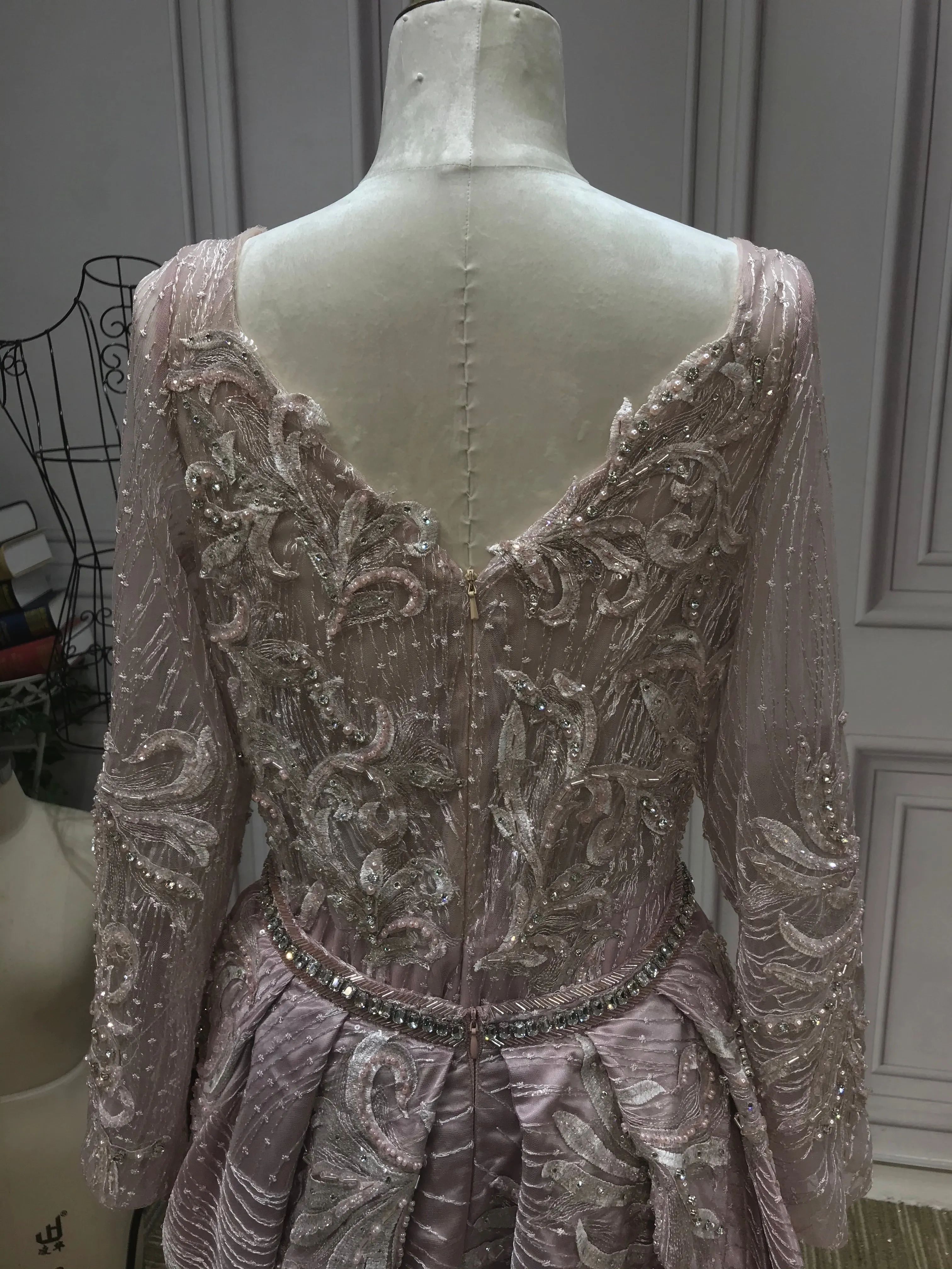 Luxurious crystals pearls rhinestones handmade beaded sparking long sleeves dusty pink dresses 2020