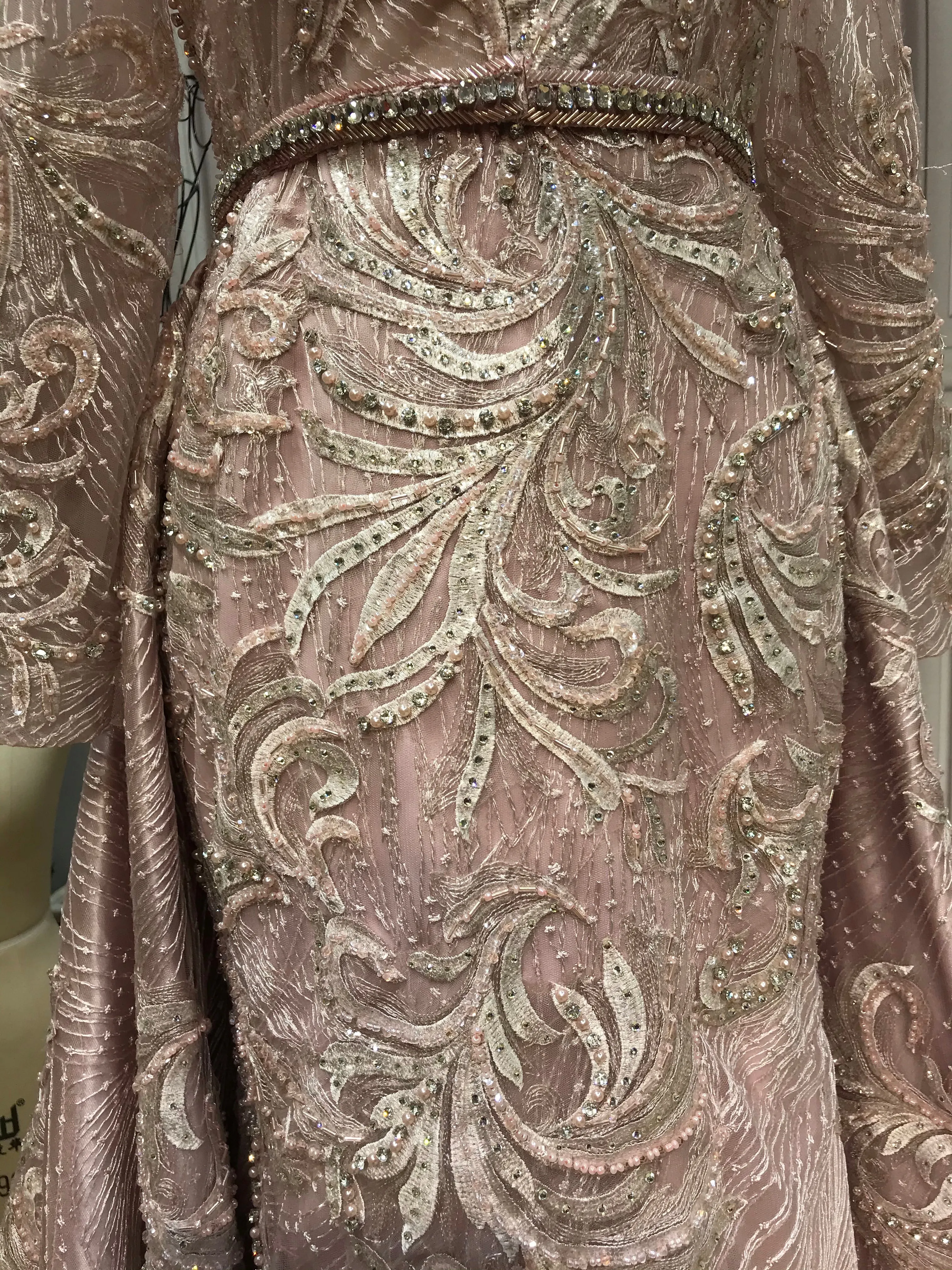 Luxurious crystals pearls rhinestones handmade beaded sparking long sleeves dusty pink dresses 2020