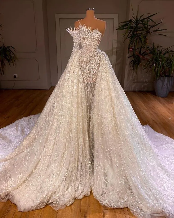 Luxurious Long White A-line Beading One Shoulder Wedding Dress With Sleeve