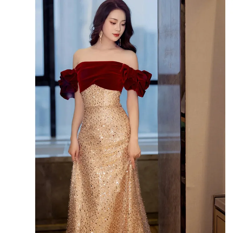 Luxurious Red and Gold Off-Shoulder Sequined Evening Gown