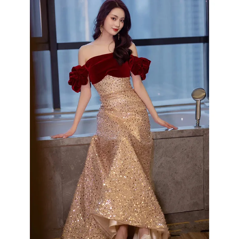 Luxurious Red and Gold Off-Shoulder Sequined Evening Gown