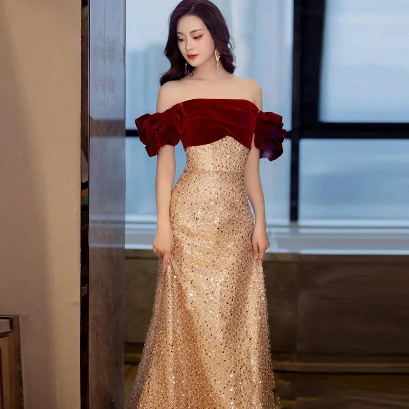 Luxurious Red and Gold Off-Shoulder Sequined Evening Gown