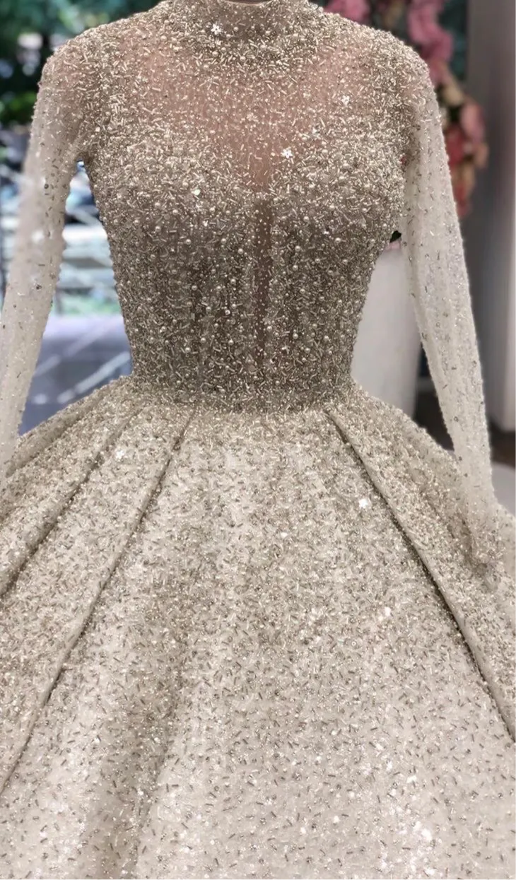 Luxurious sliver crystals rhinestones pearls Muslim high neck wedding prom dress