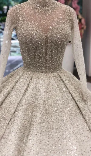 Luxurious sliver crystals rhinestones pearls Muslim high neck wedding prom dress