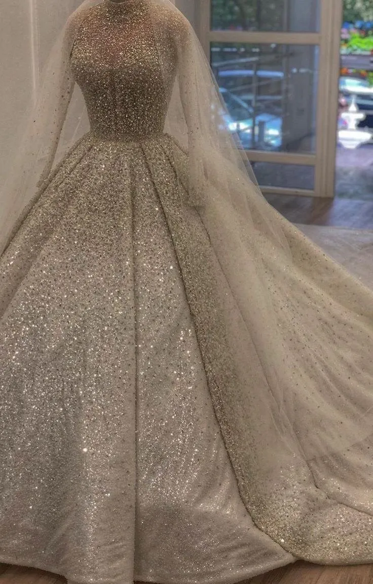 Luxurious sliver crystals rhinestones pearls Muslim high neck wedding prom dress