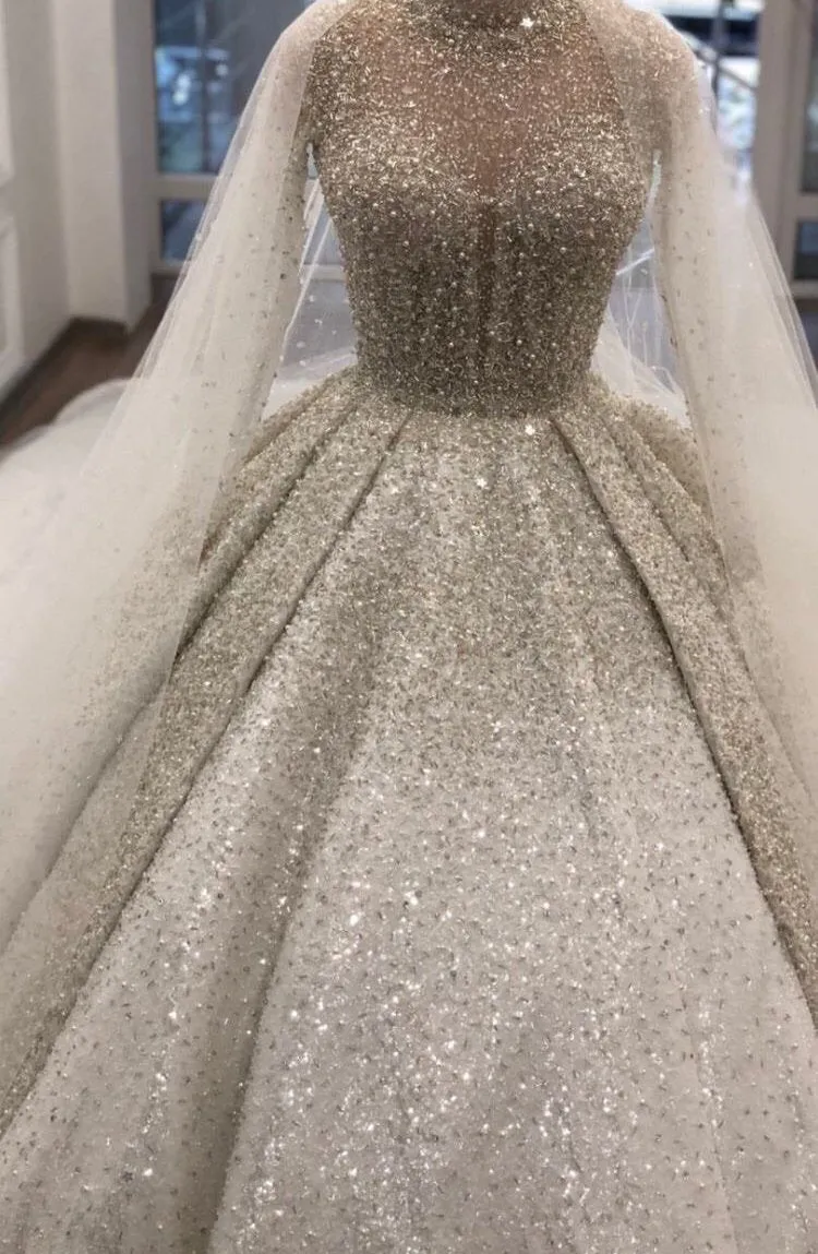 Luxurious sliver crystals rhinestones pearls Muslim high neck wedding prom dress