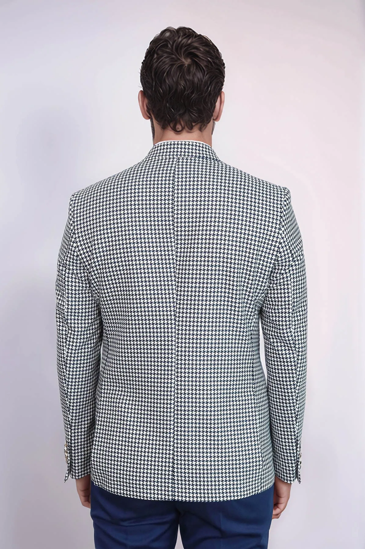 Navy Blue Houndstooth Pattern Gold Metal Button Slim Fit Men's Blazer Jacket - Wessi