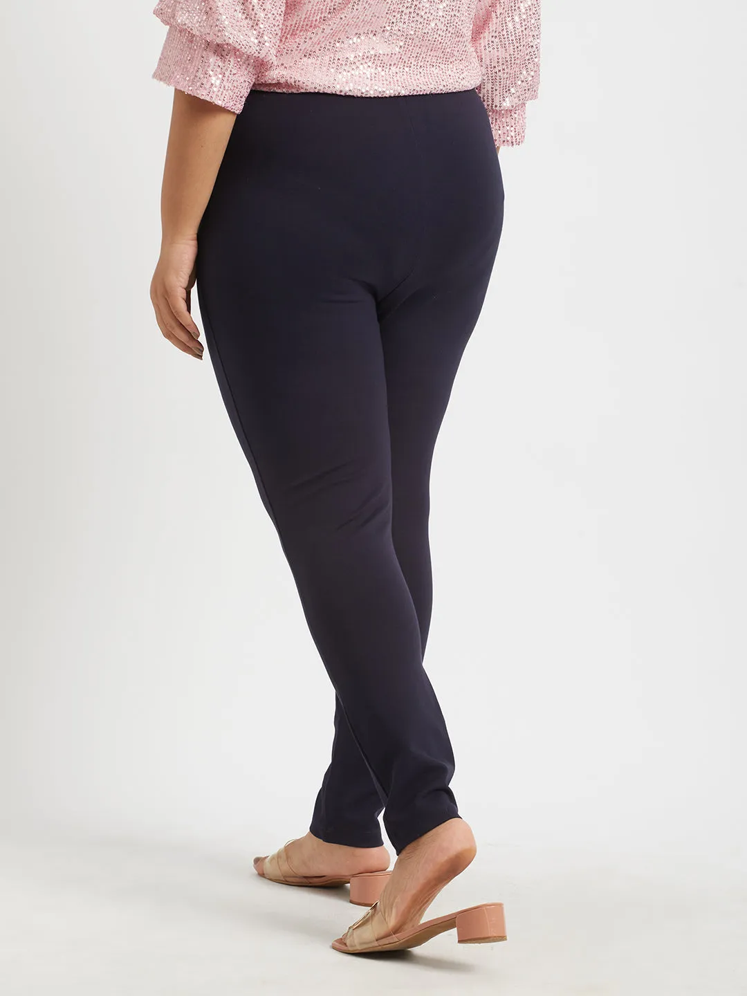 Navy Plus Size Buttoned Tailored Trousers