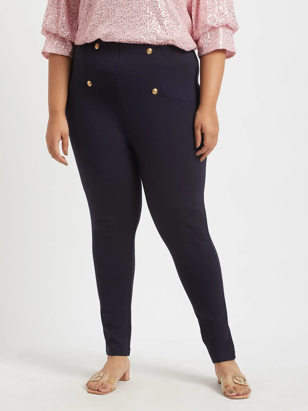 Navy Plus Size Buttoned Tailored Trousers