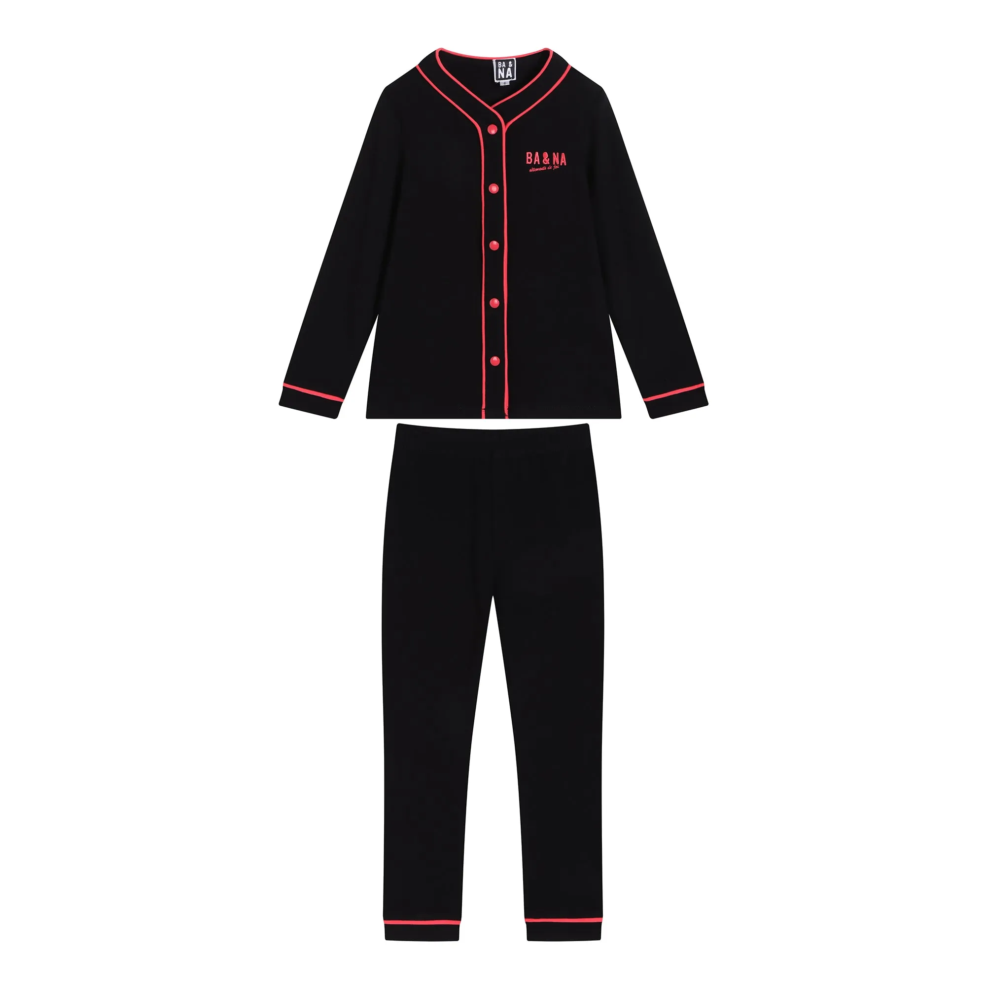 pajamas neon trim cardigan with logo and pants - black/coral