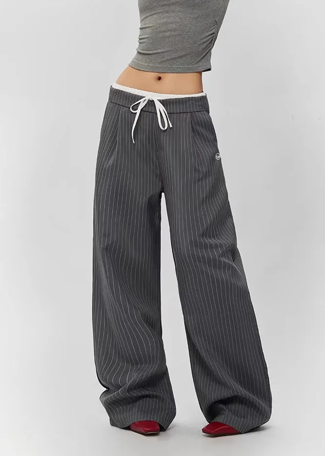 Pinstripe Wide-Leg Casual Trousers with Drawstring