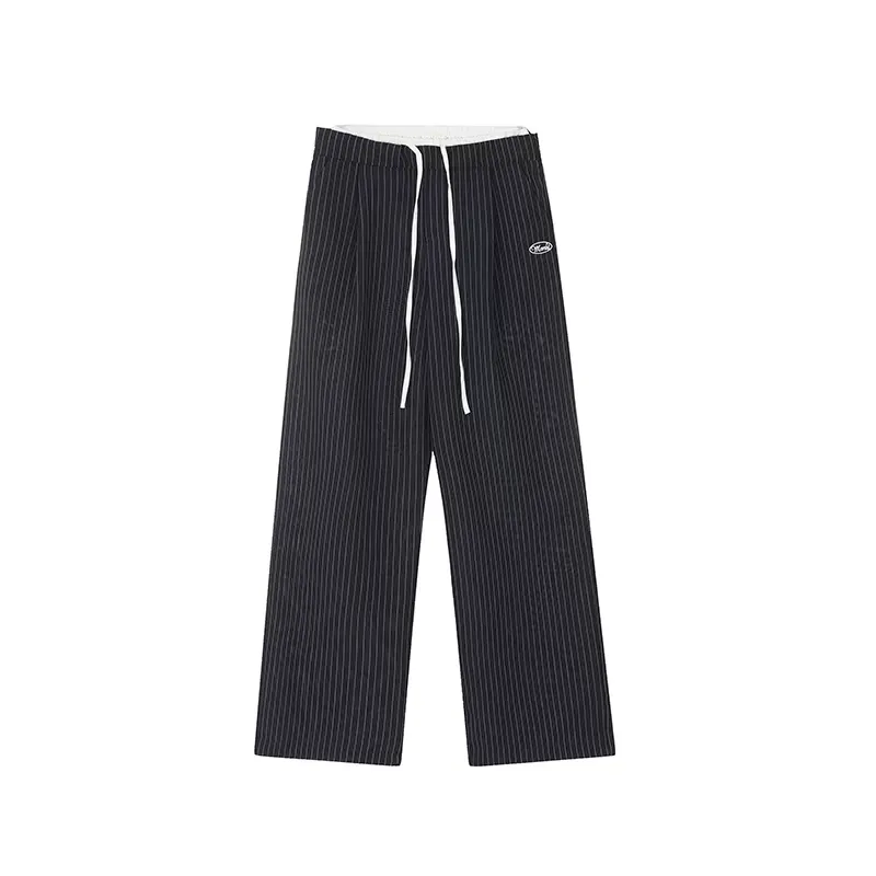 Pinstripe Wide-Leg Casual Trousers with Drawstring