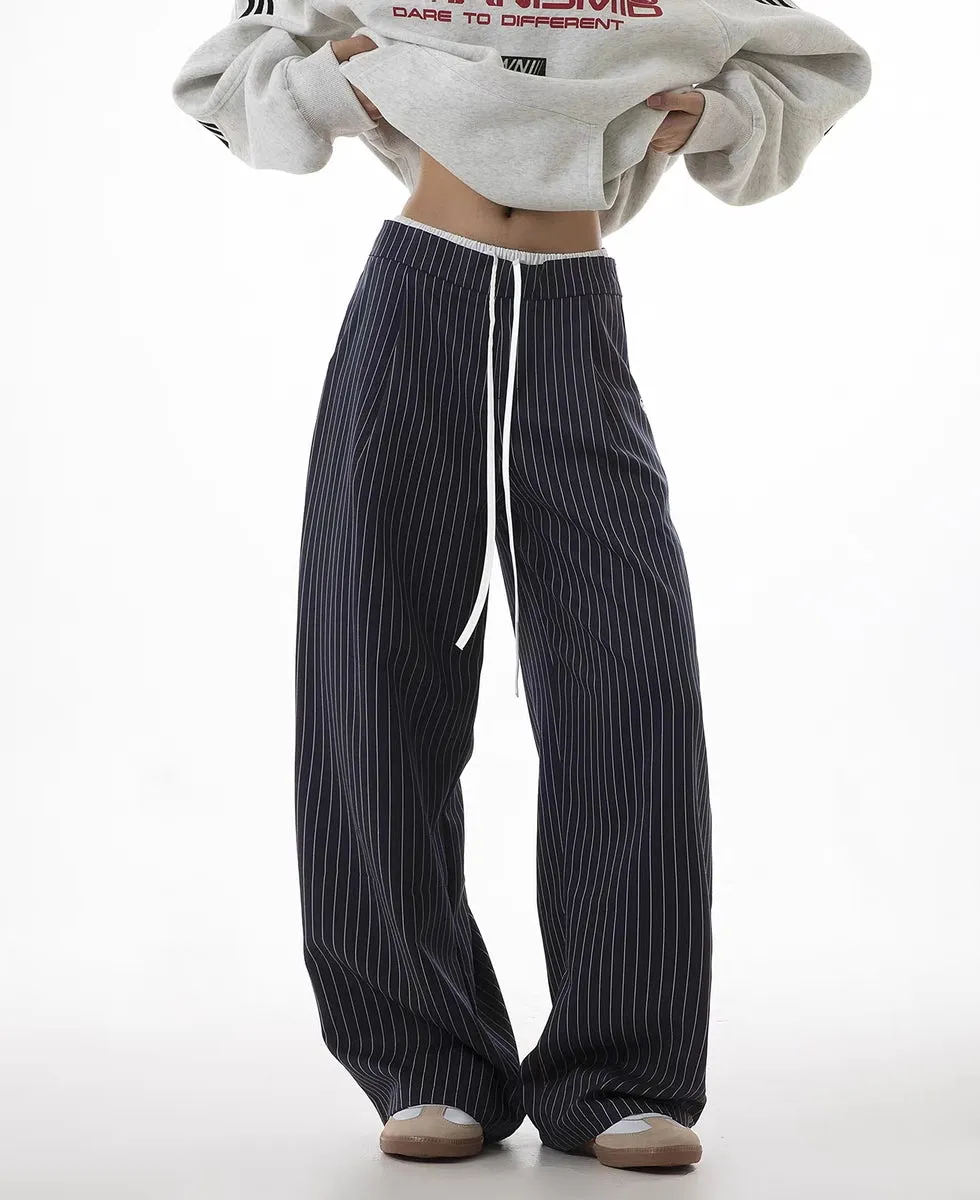 Pinstripe Wide-Leg Casual Trousers with Drawstring