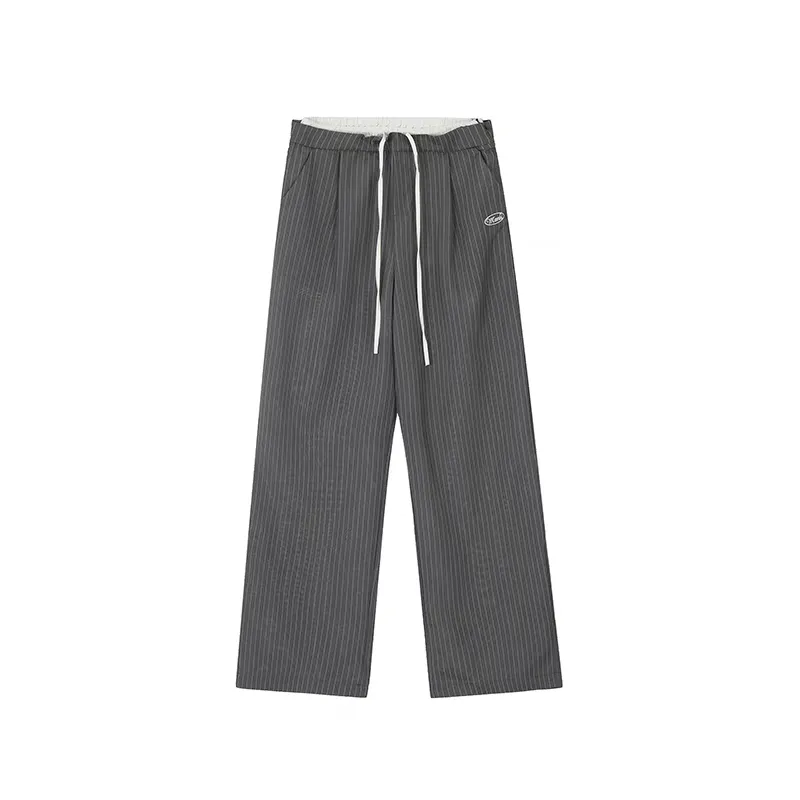 Pinstripe Wide-Leg Casual Trousers with Drawstring