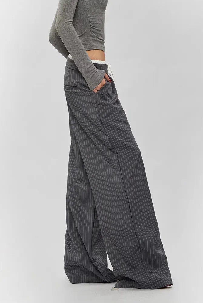 Pinstripe Wide-Leg Casual Trousers with Drawstring