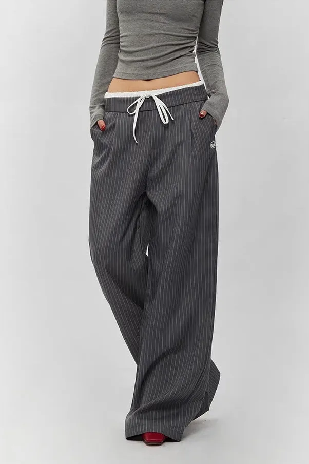 Pinstripe Wide-Leg Casual Trousers with Drawstring