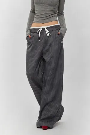 Pinstripe Wide-Leg Casual Trousers with Drawstring