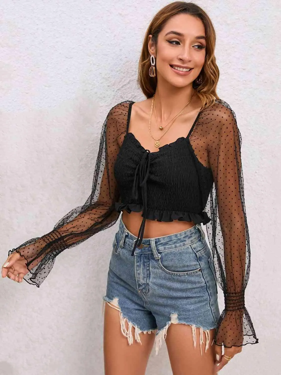 Playful Mesh Long Sleeve Black Crop Top