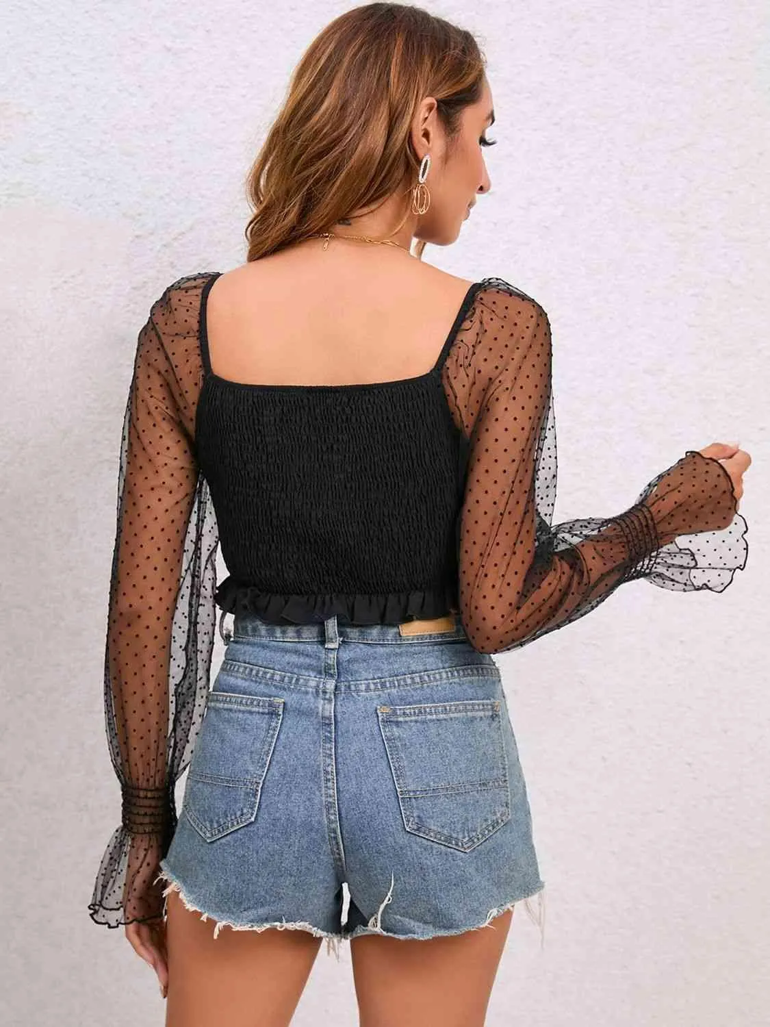 Playful Mesh Long Sleeve Black Crop Top