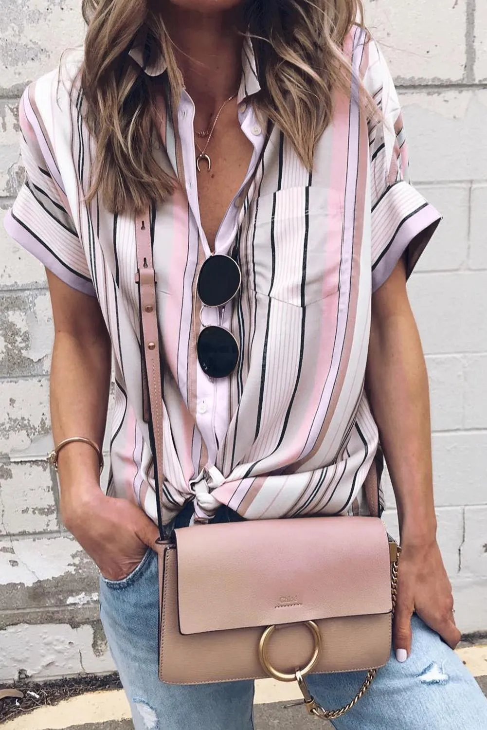 Playful Striped Collared Neck Short Sleeve Shirt