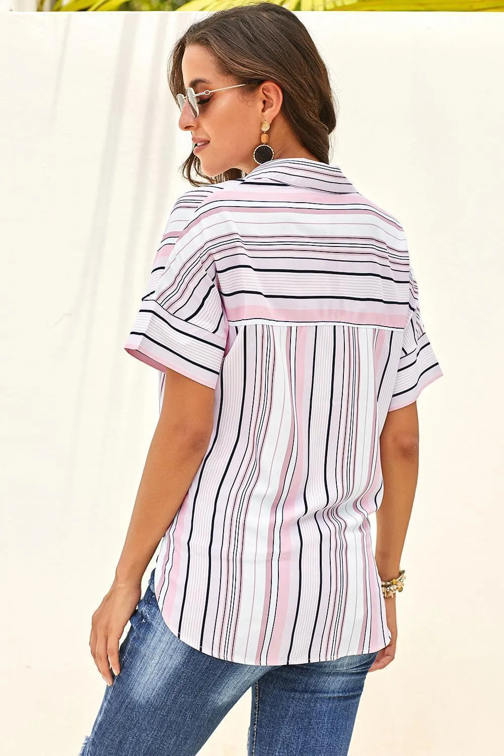 Playful Striped Collared Neck Short Sleeve Shirt