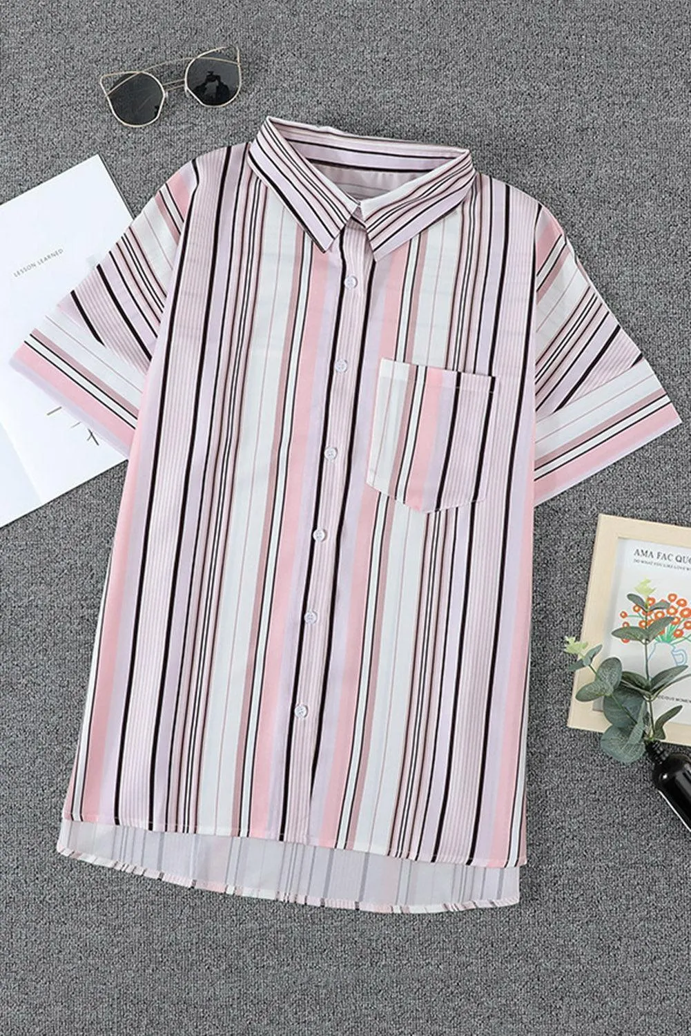 Playful Striped Collared Neck Short Sleeve Shirt