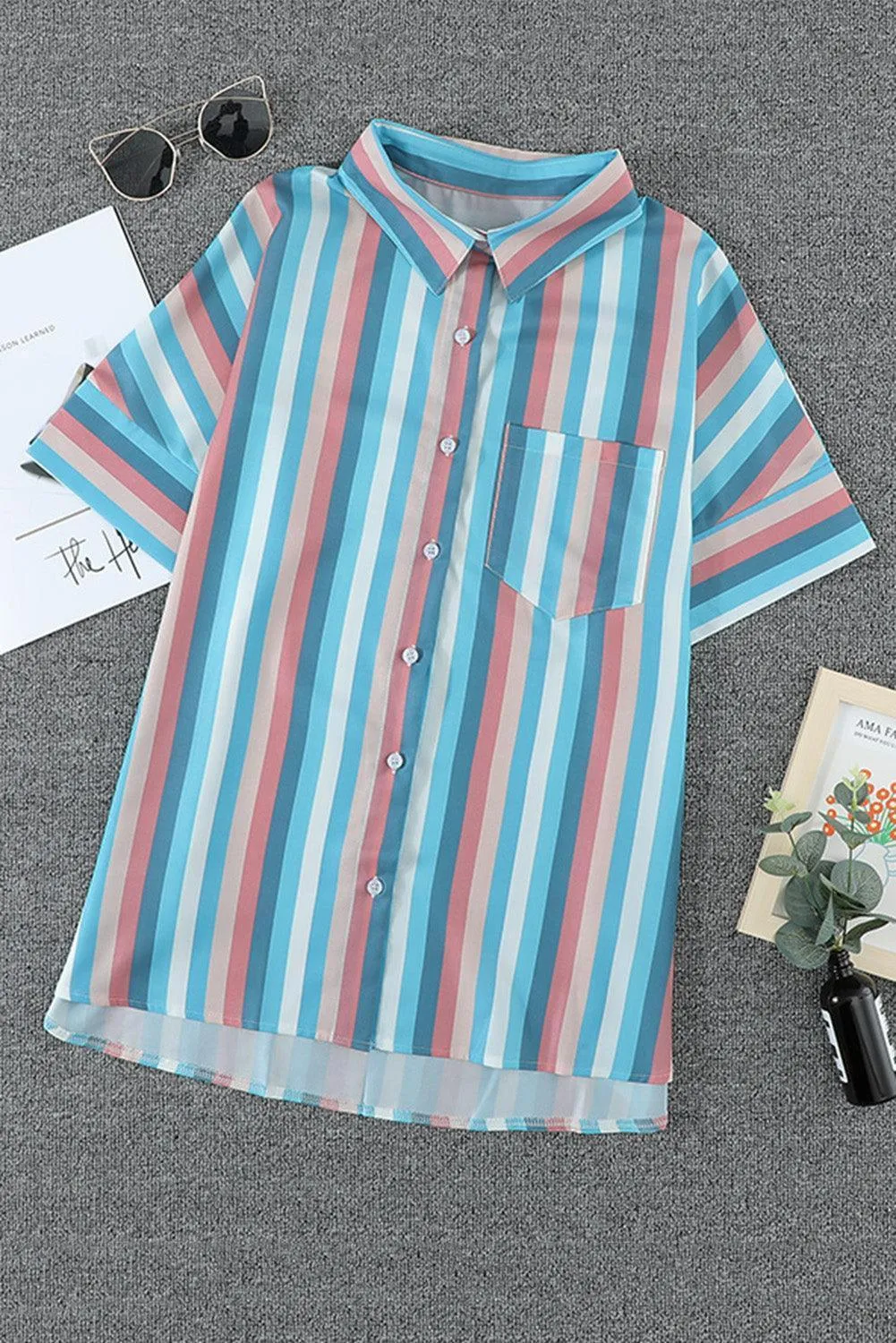Playful Striped Collared Neck Short Sleeve Shirt