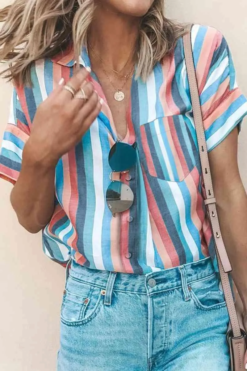 Playful Striped Collared Neck Short Sleeve Shirt