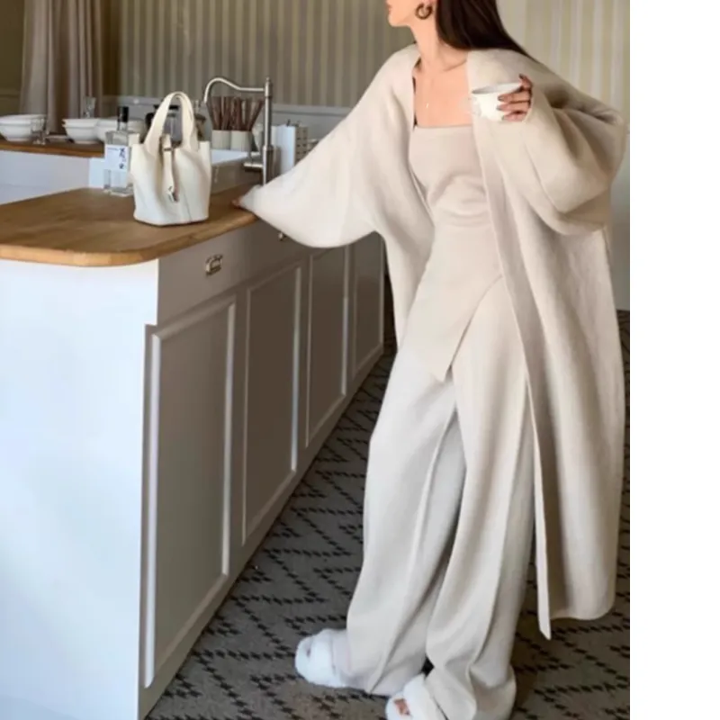 REIVU Knitwear Tube Top And Wide Leg Pants And Cardigan