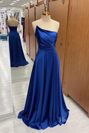 Royal Blue Strapless Satin Prom Dresses Pleated Bodice FD3987