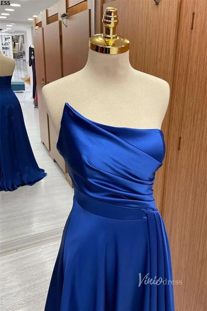 Royal Blue Strapless Satin Prom Dresses Pleated Bodice FD3987
