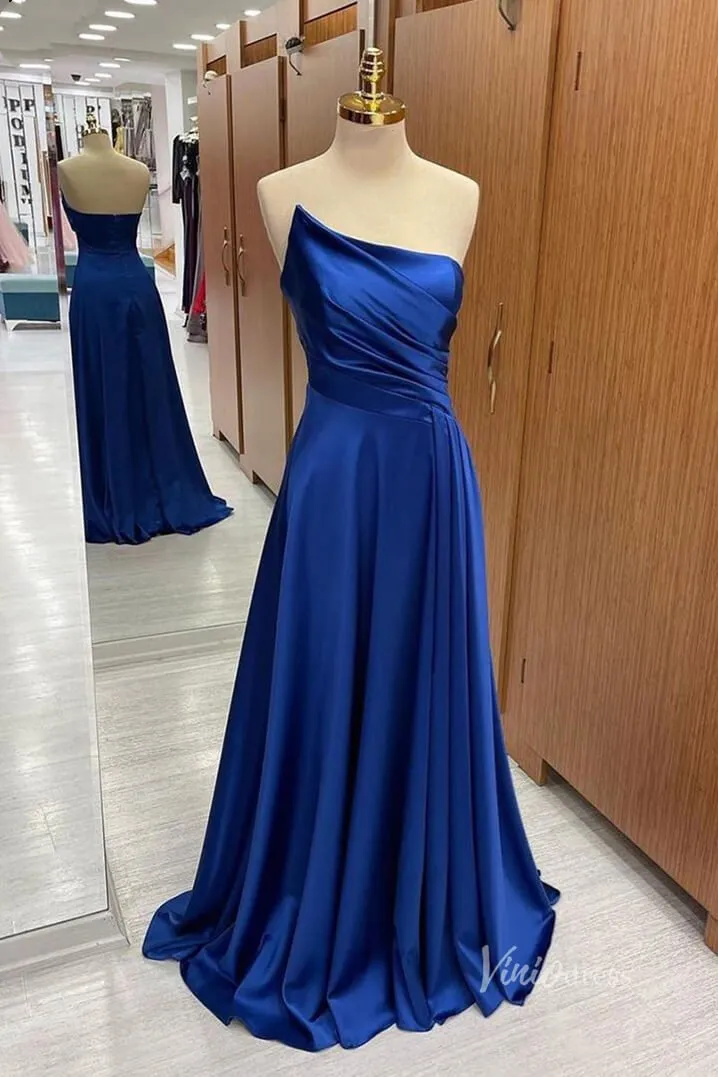 Royal Blue Strapless Satin Prom Dresses Pleated Bodice FD3987