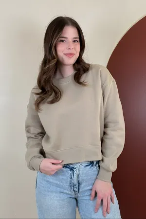See You Soon Beige Cropped Crew Neck Sweatshirt