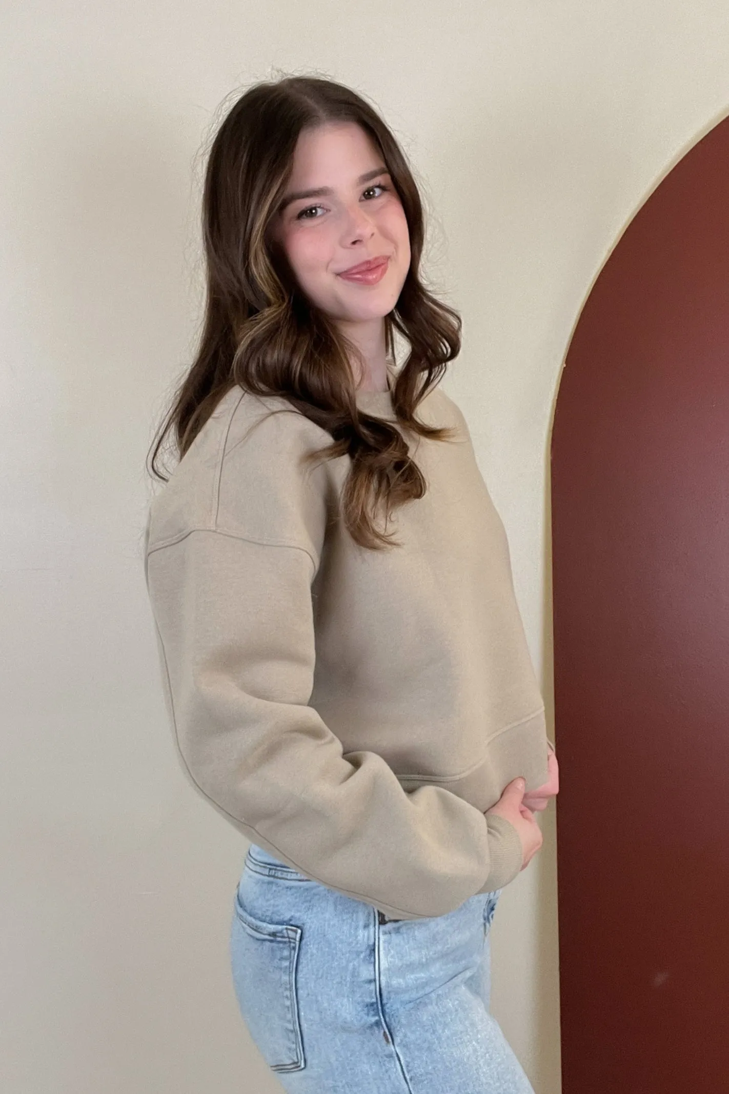 See You Soon Beige Cropped Crew Neck Sweatshirt