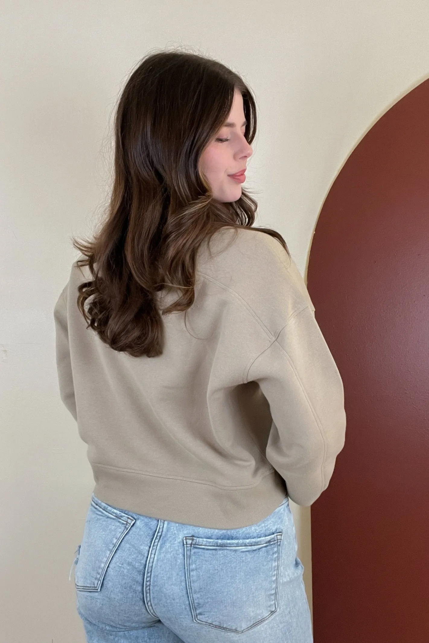 See You Soon Beige Cropped Crew Neck Sweatshirt