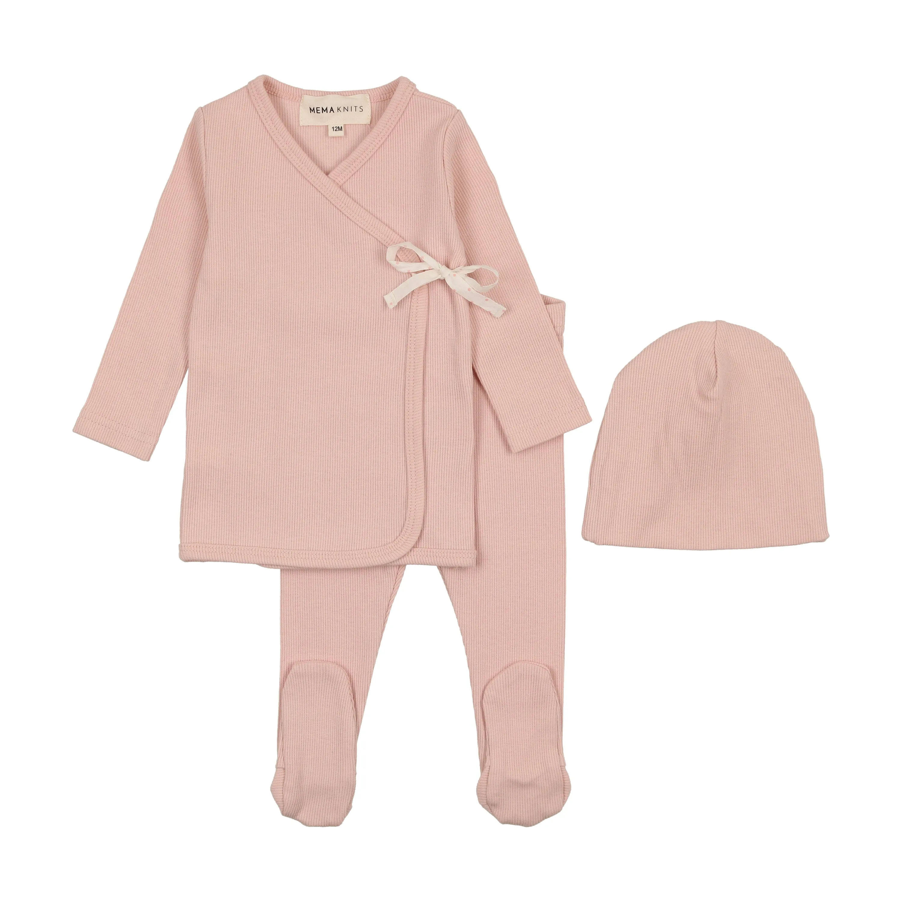 set knit mock wrap cardigan and footie pants with beanie - rose