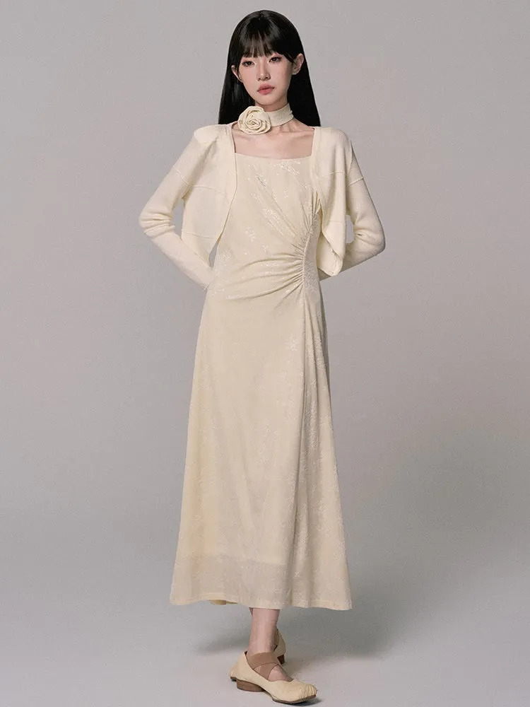 Set-Up Gather Embroidery Simpler Chic Dress＆Bolero