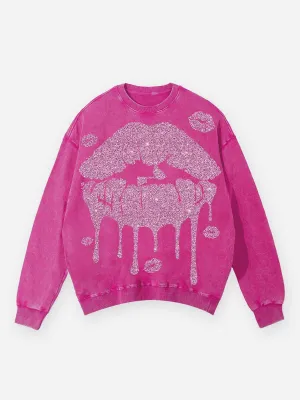 Sexy Rhinestone Lip 350g Print Wash sweatshirt