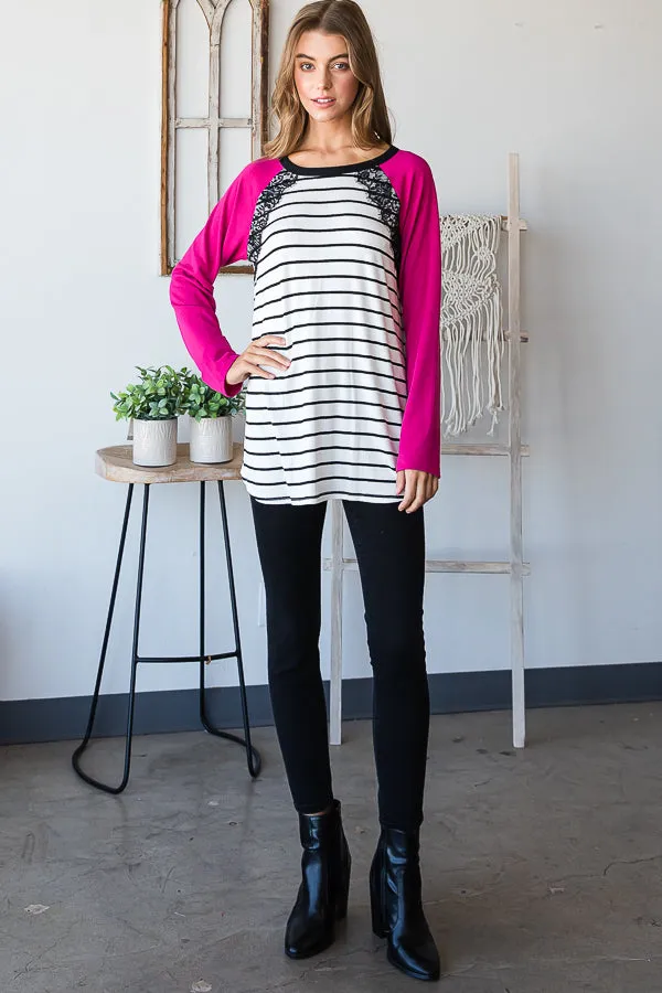 SOLID AND STRIPE TOP WITH LACE