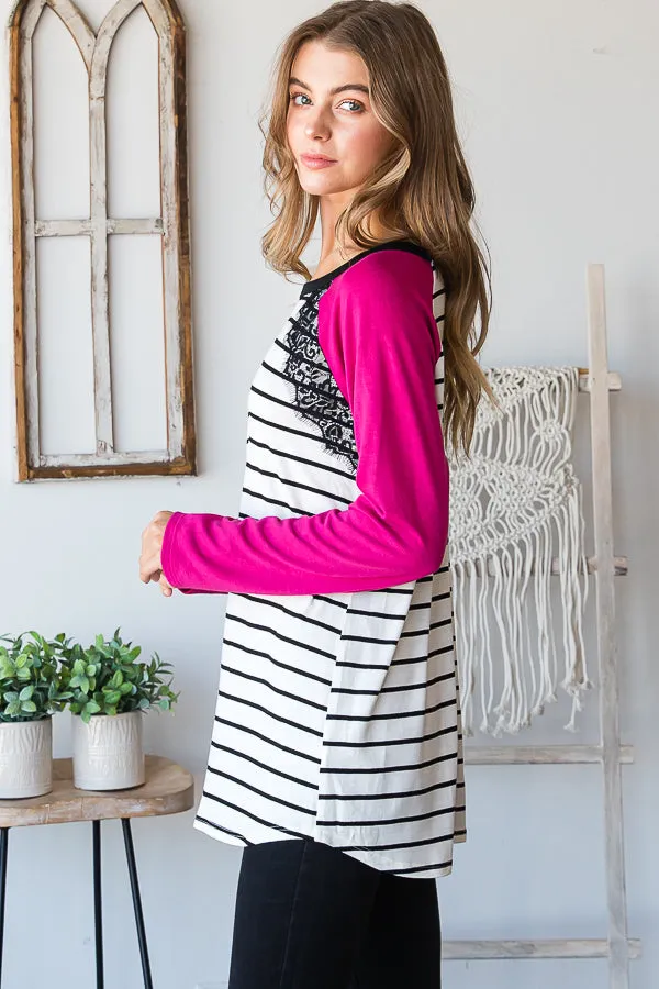 SOLID AND STRIPE TOP WITH LACE
