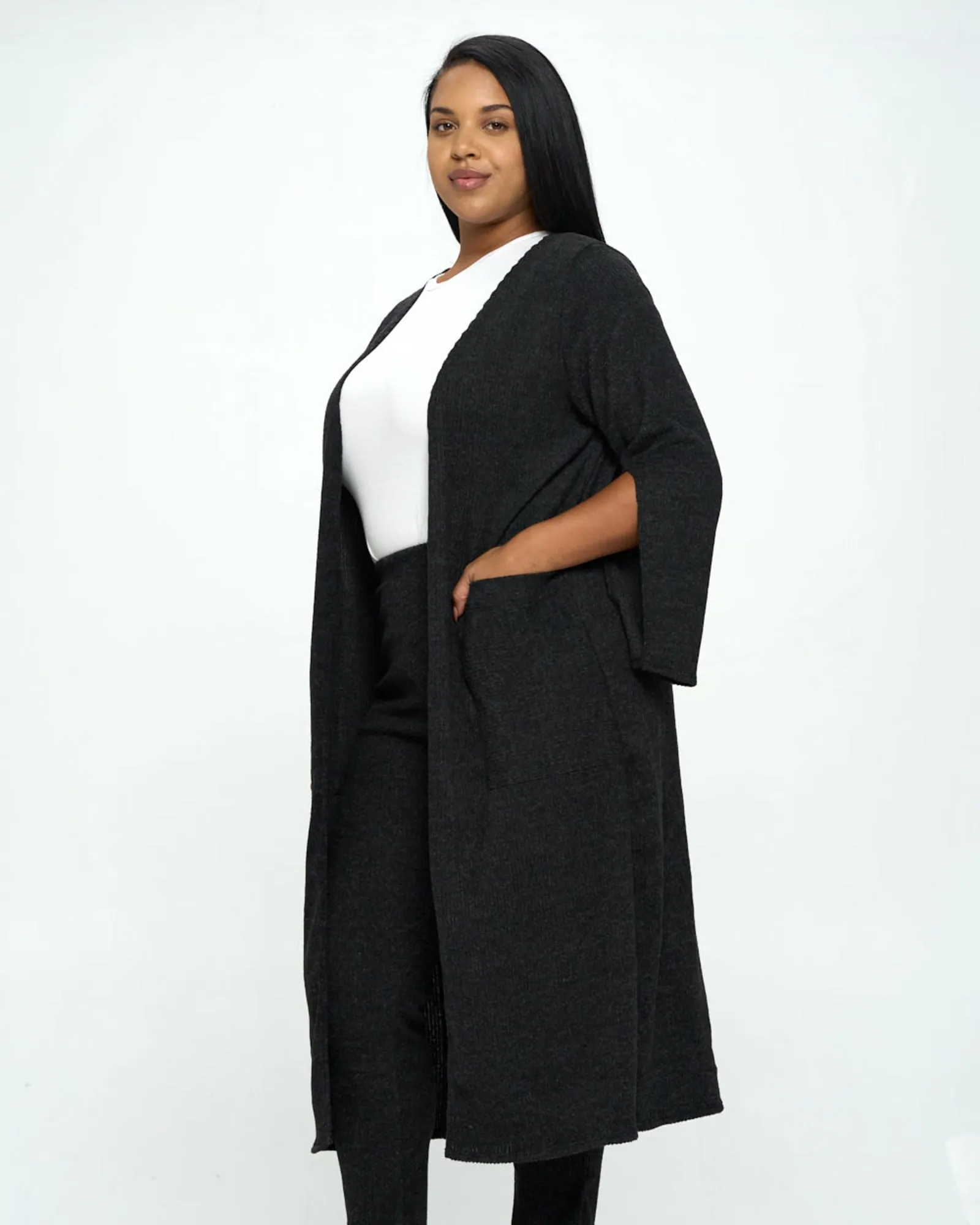 Split Sleeve Cardigan and Pants Set | Black