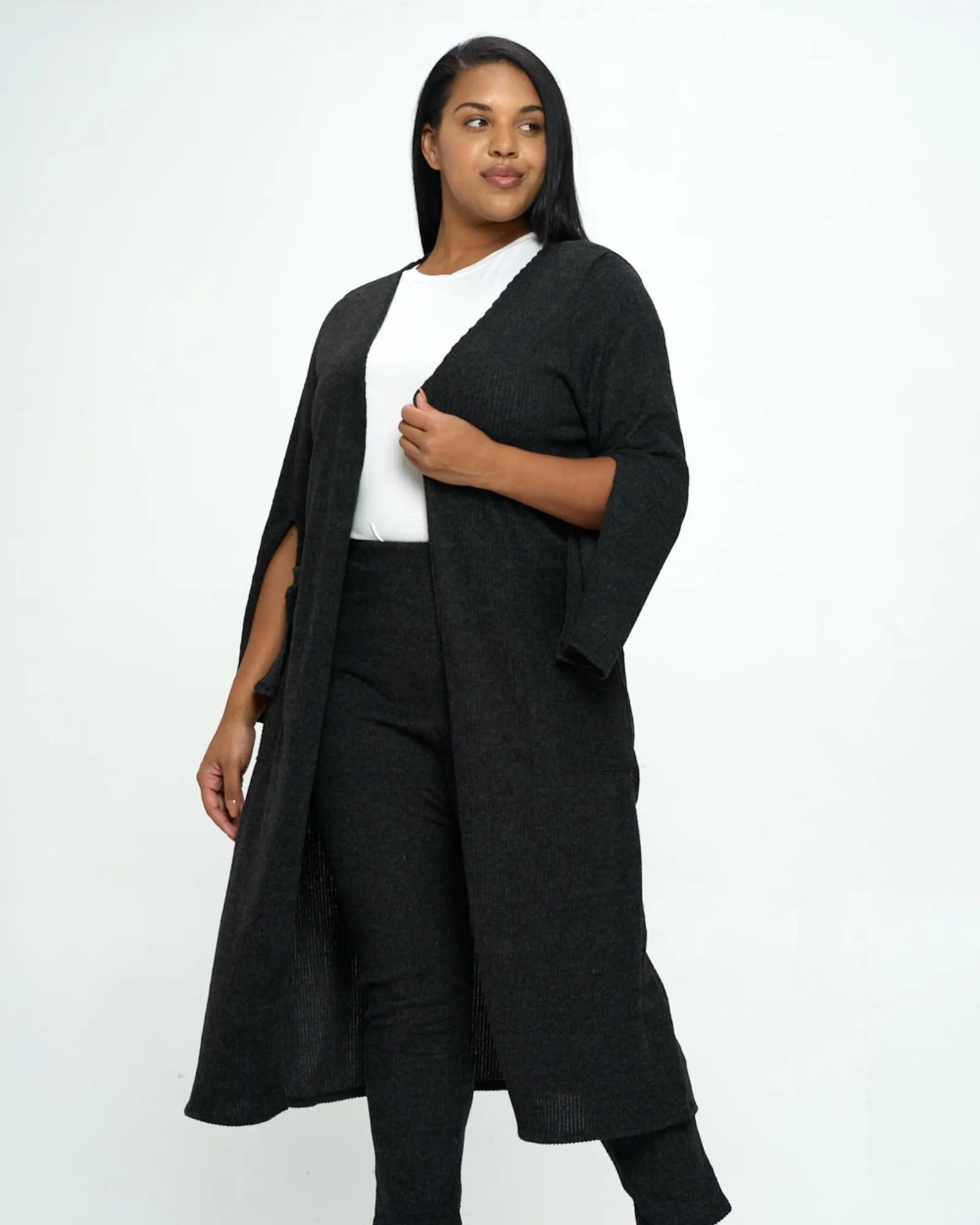 Split Sleeve Cardigan and Pants Set | Black