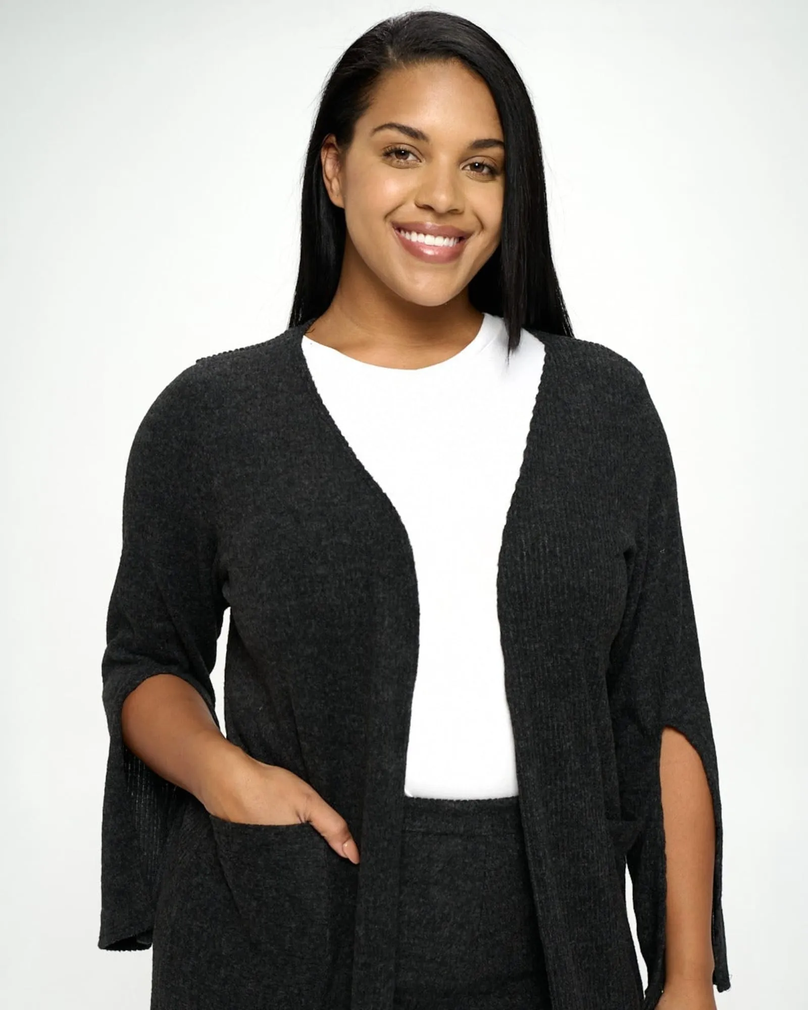 Split Sleeve Cardigan and Pants Set | Black