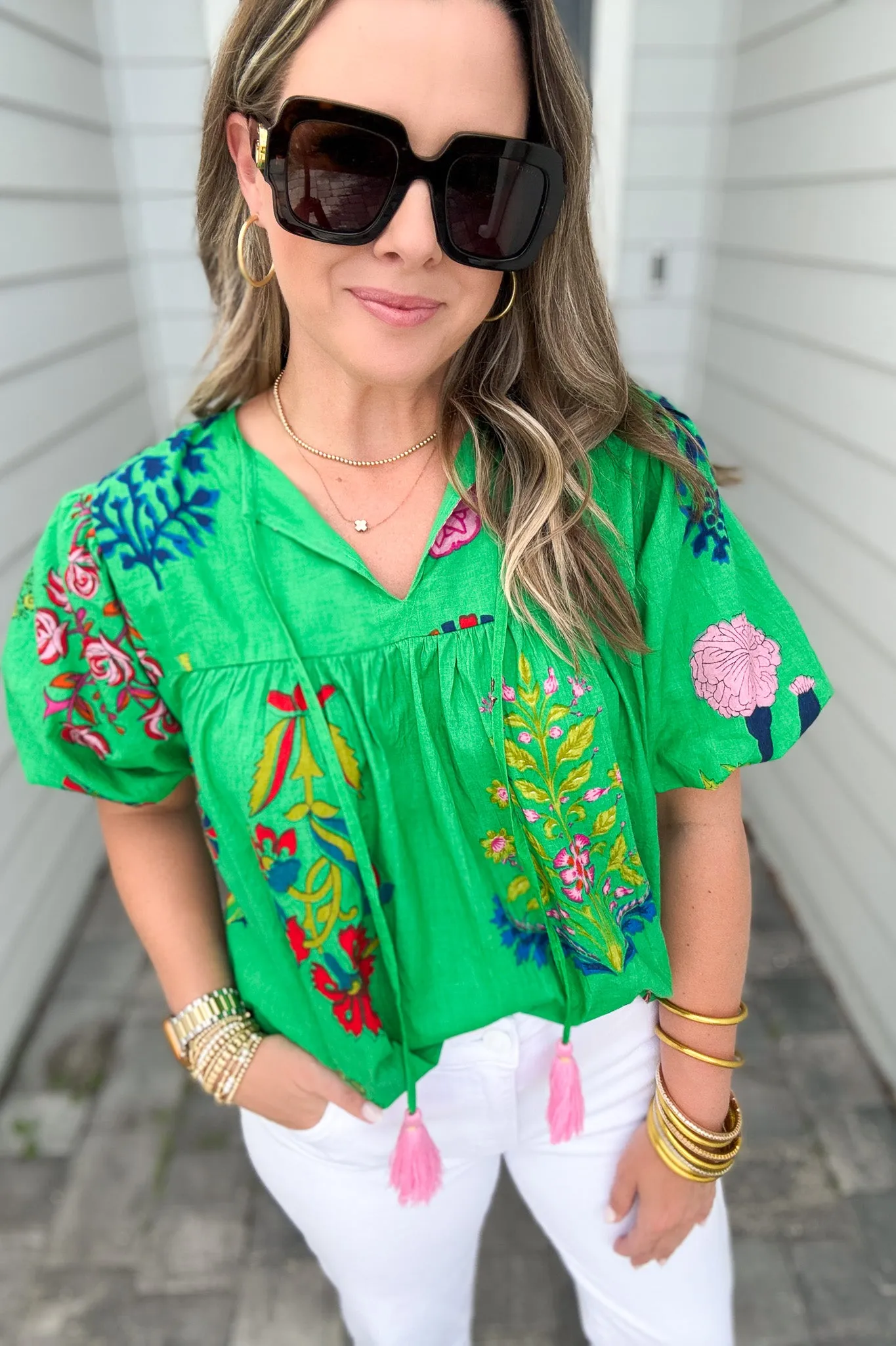 THML: Lush Moments Puff Sleeve Blouse - Green