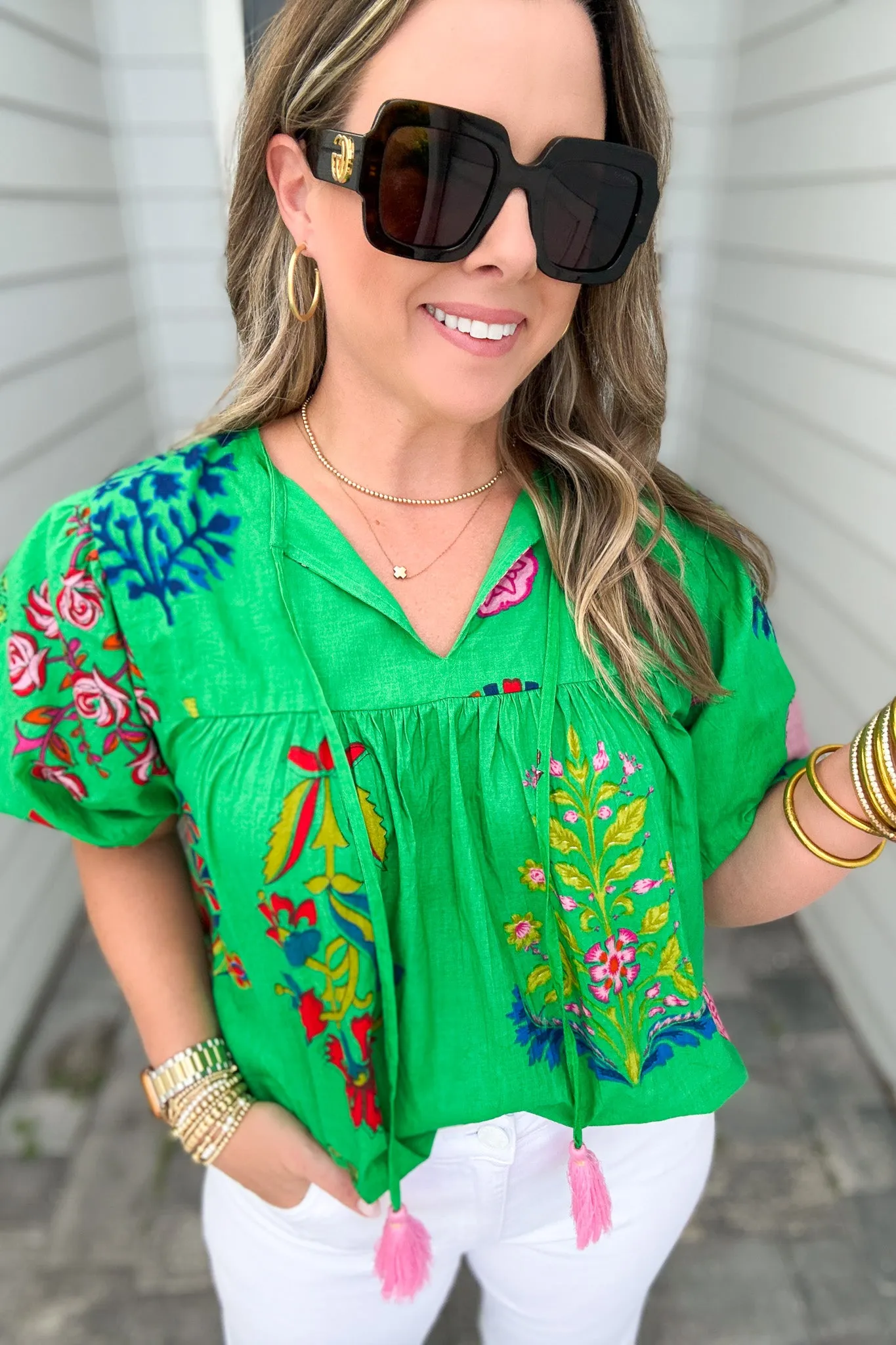 THML: Lush Moments Puff Sleeve Blouse - Green