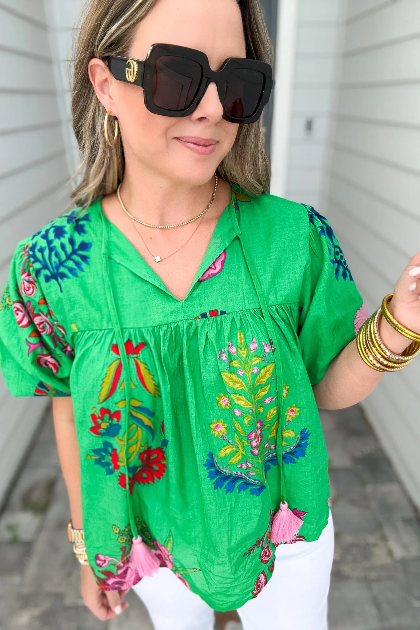 THML: Lush Moments Puff Sleeve Blouse - Green